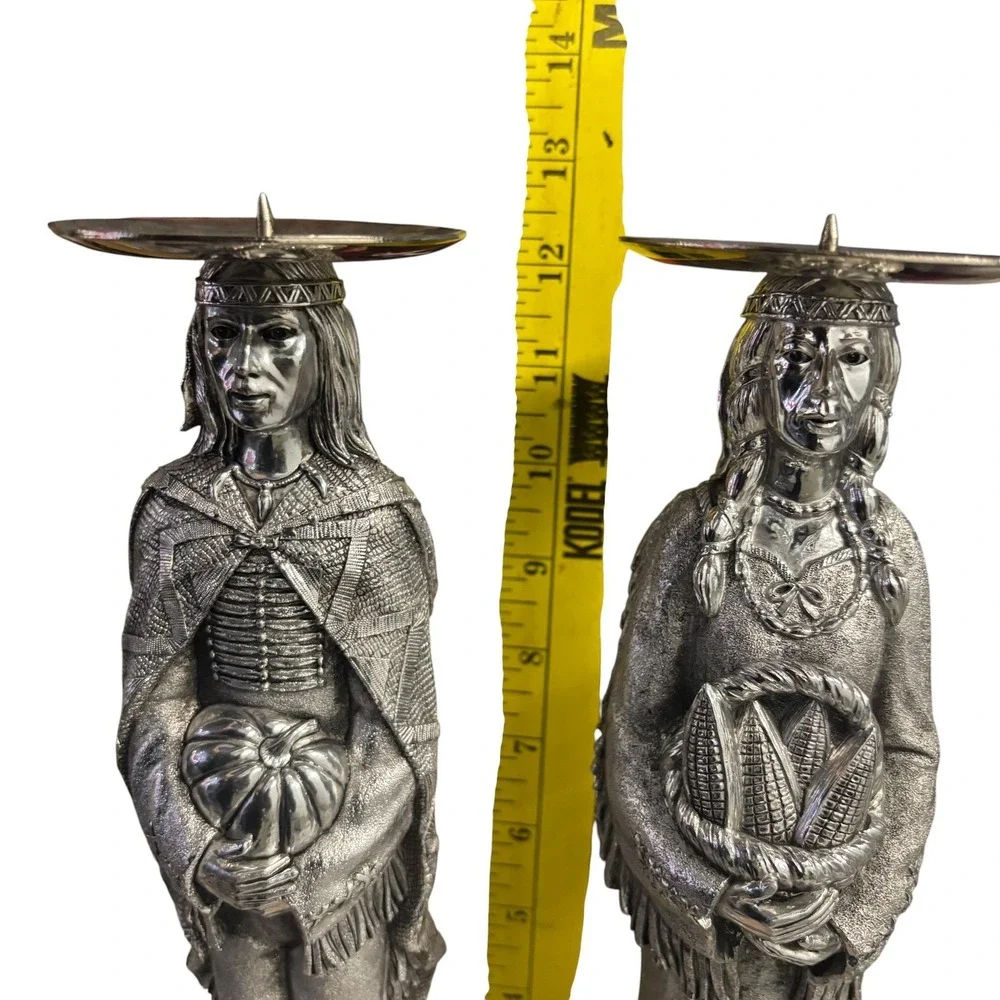 Vintage Silver Metal Indigenous Figures Candle Holders Pair‎ Man Woman 13